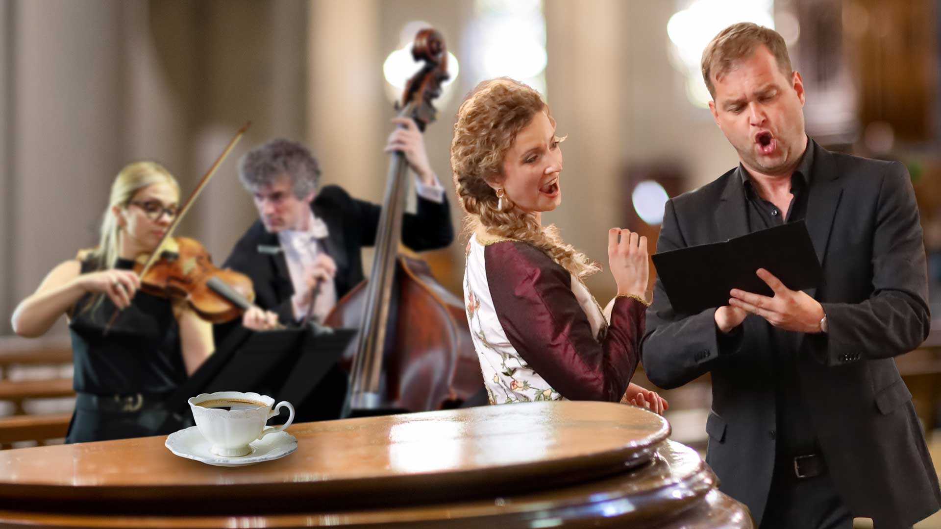 Sopraan en bas zanger tijdens Bachs Koffie Cantate