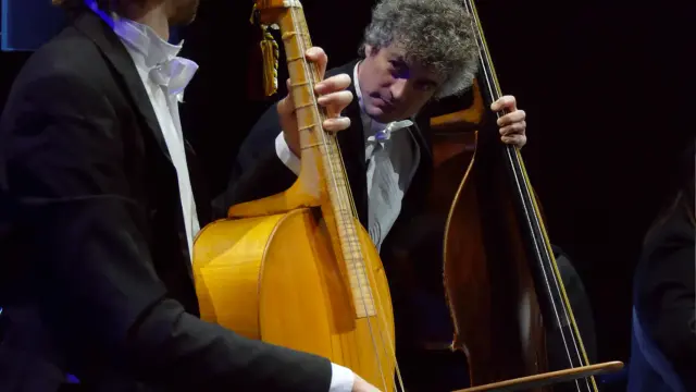 Contrabassist en cellist spelen Eine kleine Nachtmusik tijdens klassiek concert met strijkorkest in concertzaal.