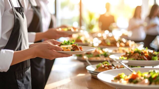 Gasten tijdens een buffet voorafgaand aan een concert