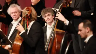 Contrabassist van The Bach Orchestra of the Netherlands tijdens een uitvoering