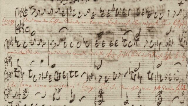 Historisch muziekmanuscript van de Matthäus Passion van Johann Sebastian Bach, met handgeschreven muzieknoten en partituren.